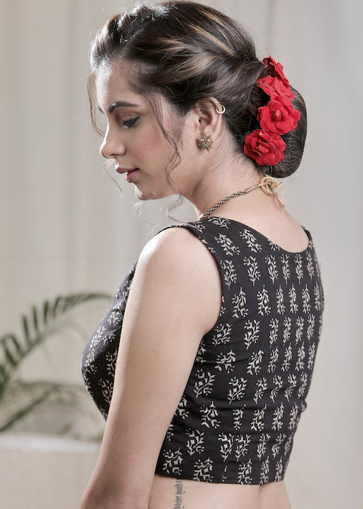 Elegant Black Ajrakh Cotton Sleeveless Blouse