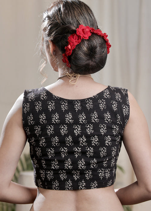 Elegant Black Ajrakh Cotton Sleeveless Blouse