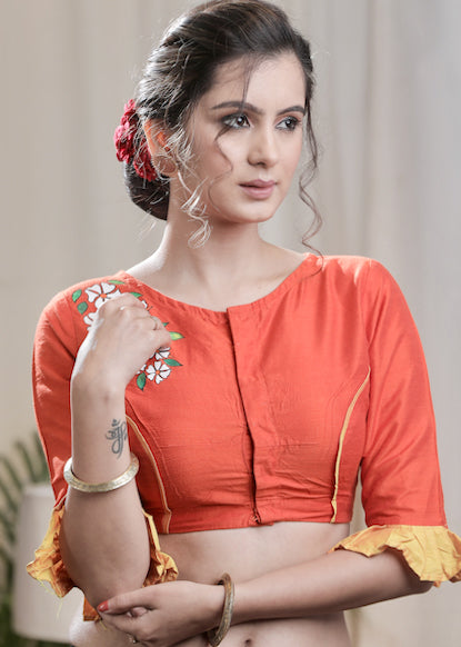 Orange Cotton Silk Blouse with Exclusive Hand-painting and Elbow length Sleeves