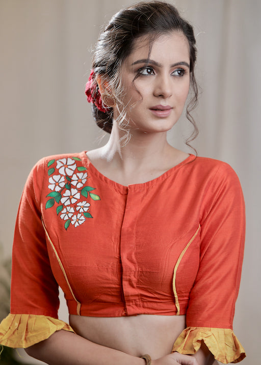 Orange Cotton Silk Blouse with Exclusive Hand-painting and Elbow length Sleeves