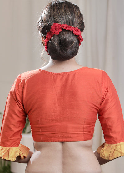 Orange Cotton Silk Blouse with Exclusive Hand-painting and Elbow length Sleeves