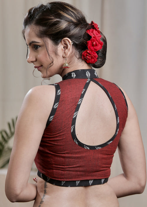 Élégant chemisier en coton tissé à la main, couleur bordeaux, avec motif Ikat et fermeture éclair à l'avant