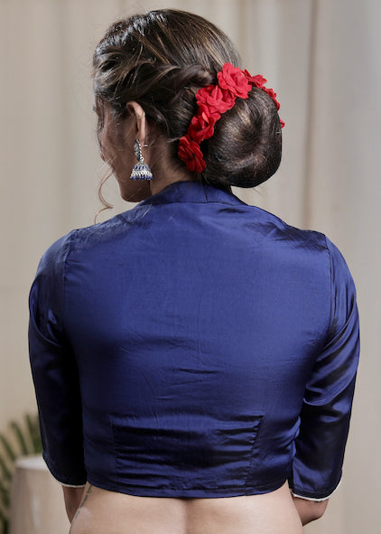 Royal Blue Crepe Designer Blouse with offwhite Piping. Lining Given
