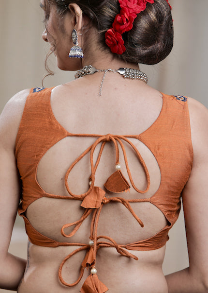 Rust Cotton Silk Padded Blouse with exclusive Embroidery all Over and open Back
