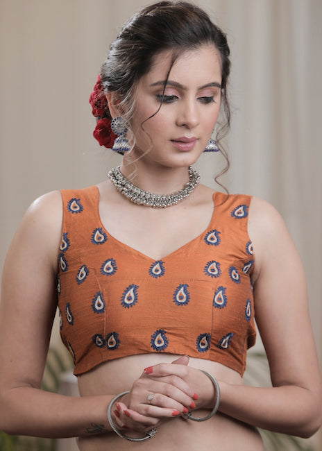 Rust Cotton Silk Padded Blouse with exclusive Embroidery all Over and open Back