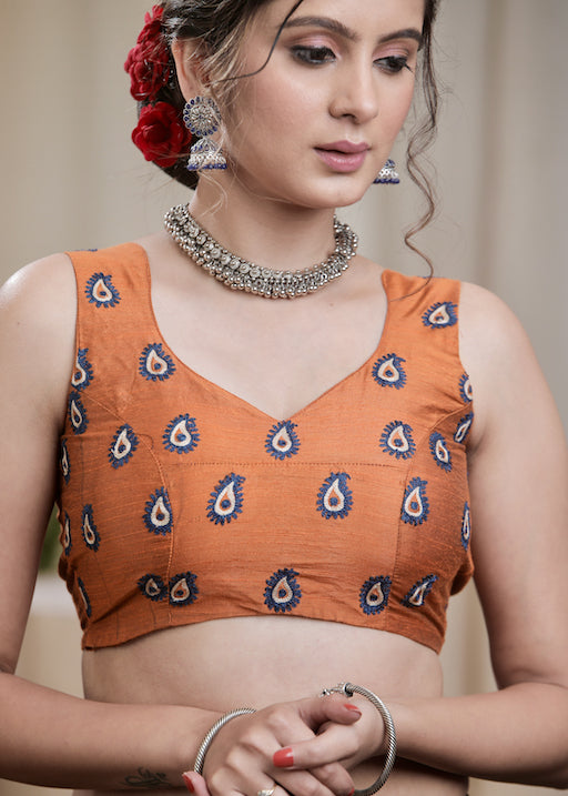 Rust Cotton Silk Padded Blouse with exclusive Embroidery all Over and open Back