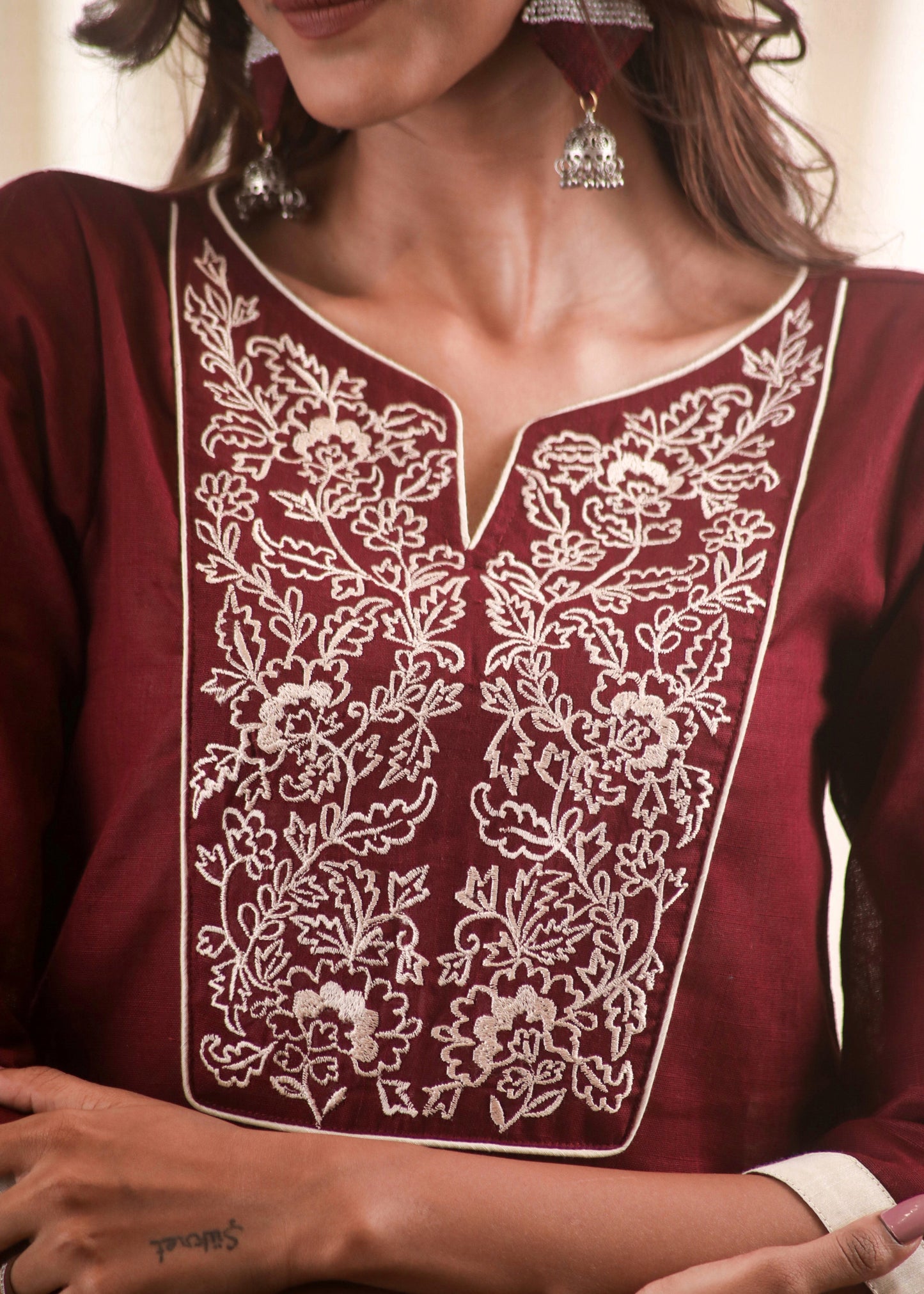Elegant Embroidered Wine Cotton Top