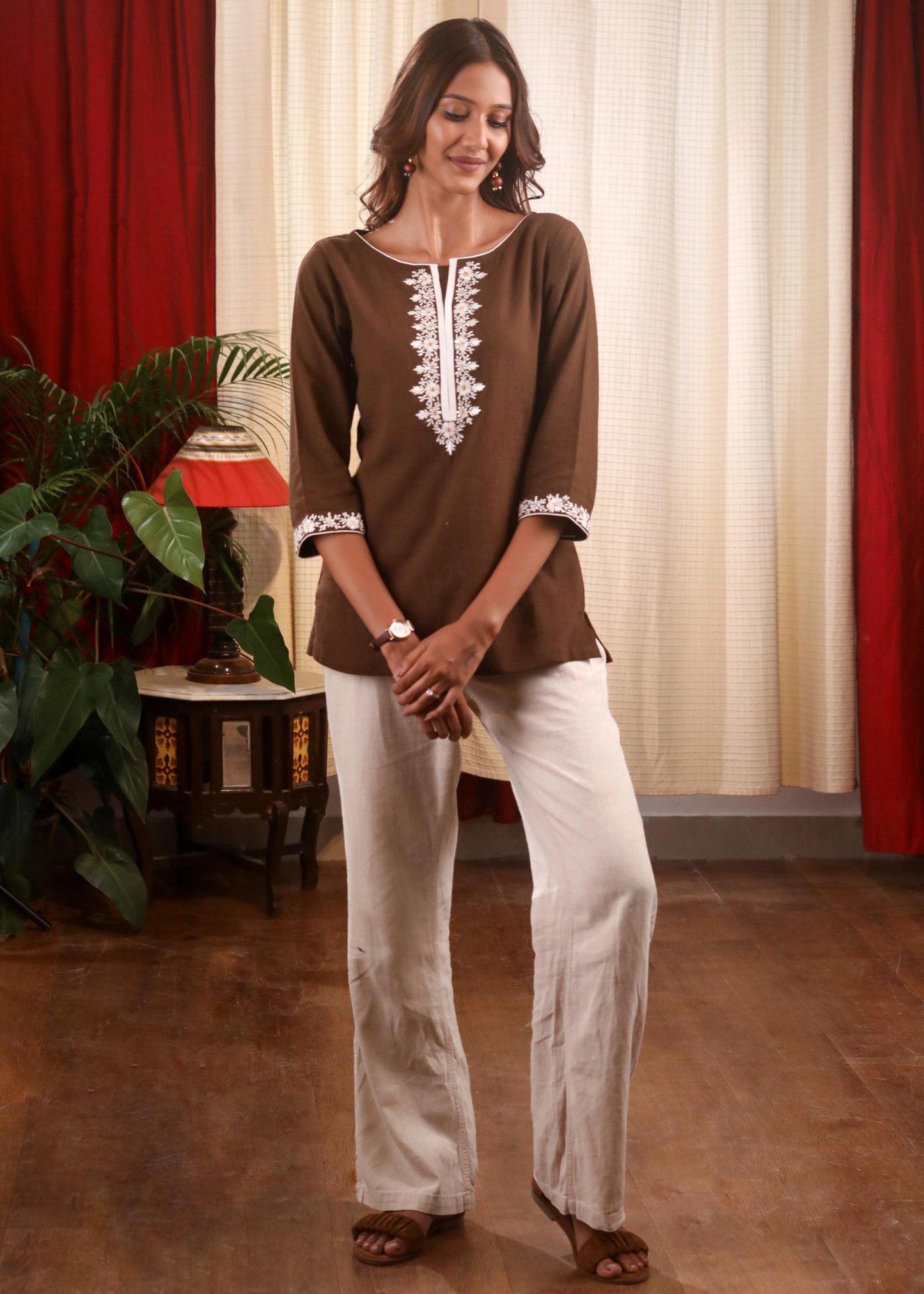 Delicate White Embroidery Coffee Brown Top