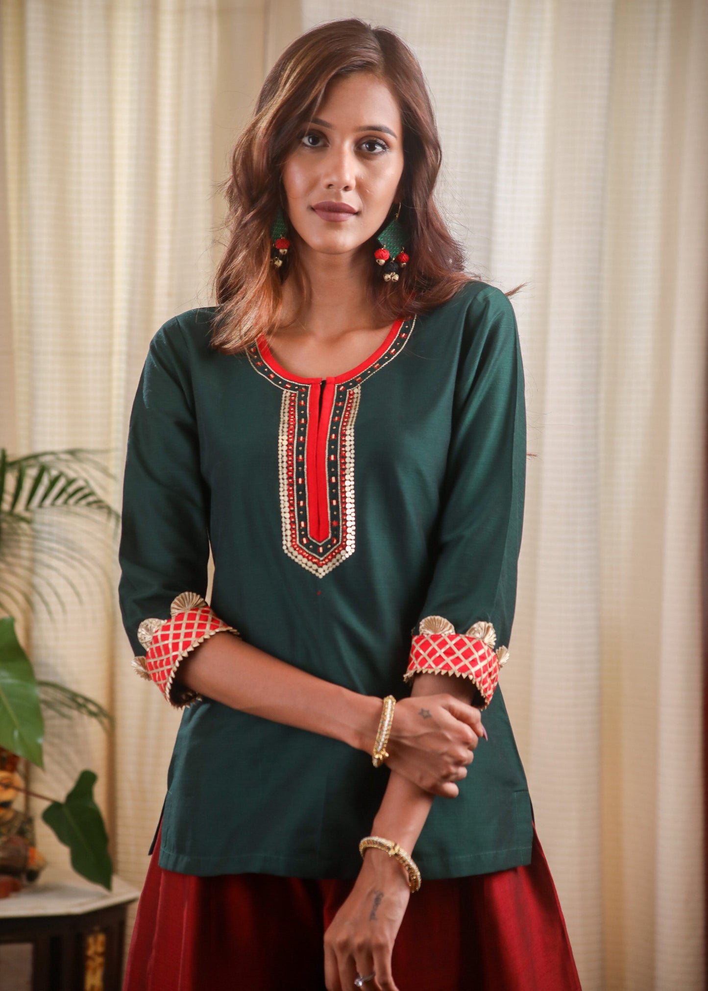 Forest Green Cotton silk Zardosi Hand Embroidered Top