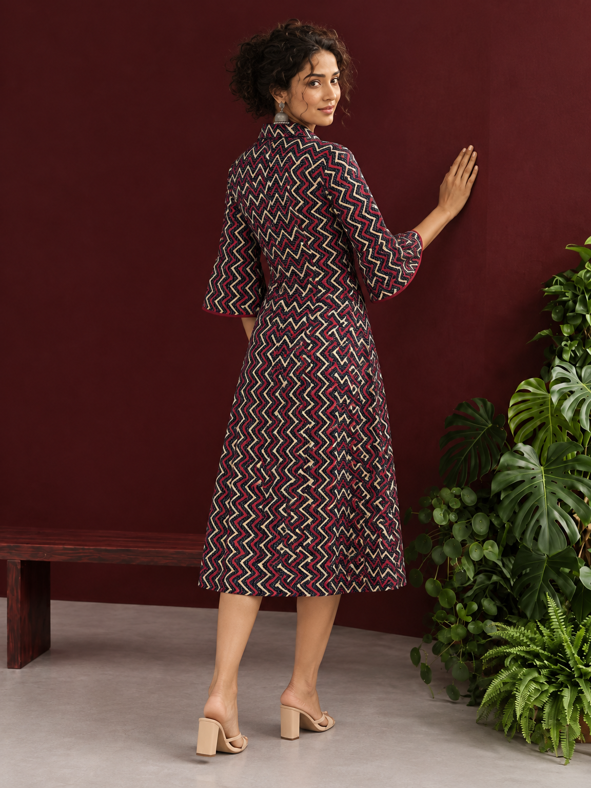 Bold Black Ajrakh Cotton Shirt Dress with Red & Beige Zigzag Print and Kantha Detailing — back view