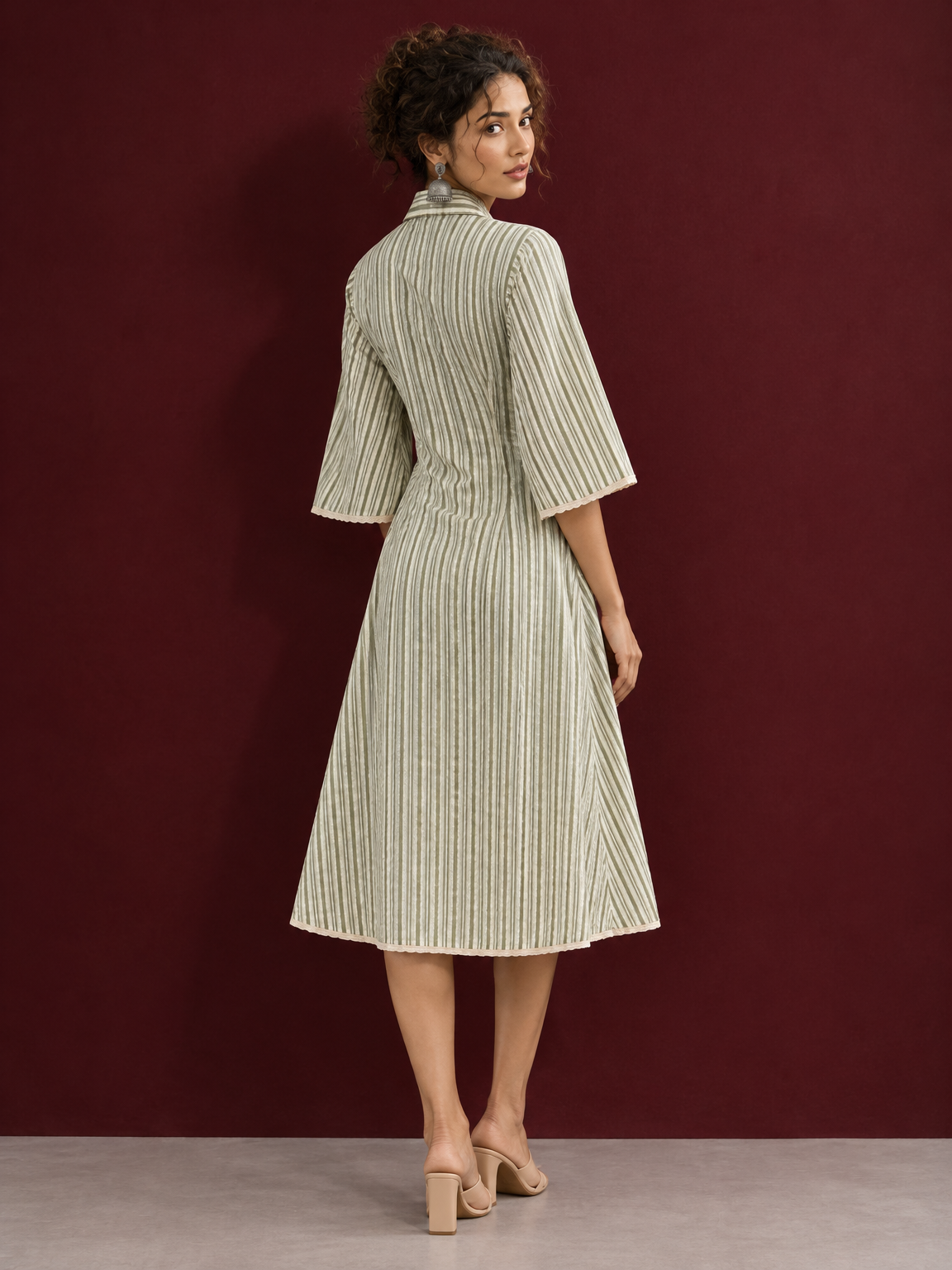 Sage Green Striped Cotton Shirt Dress with Contrast Buttons and Lace-Trimmed Cuffs — back view