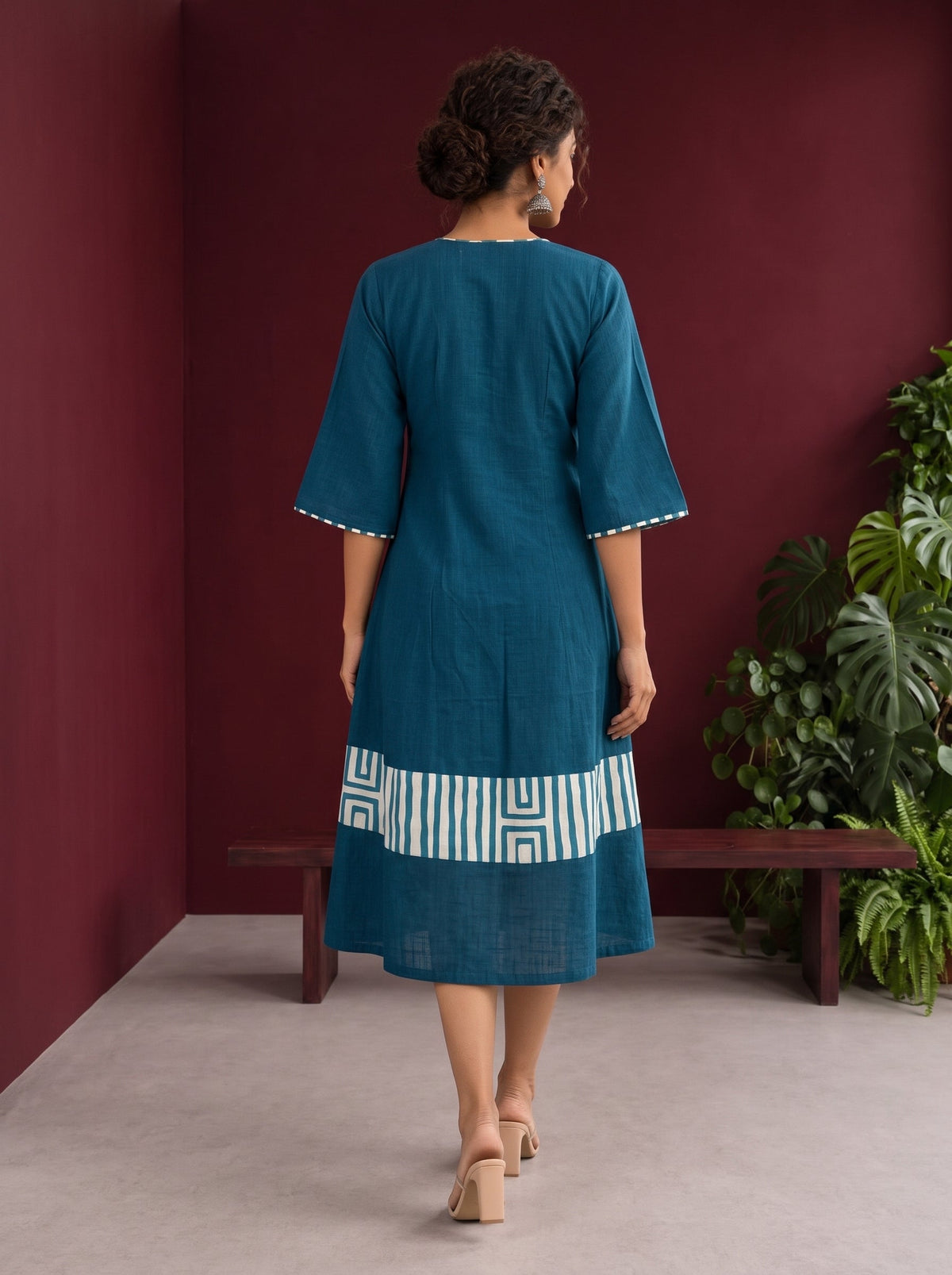 Teal Blue Cotton Dress with Abstract Print Hem Panel and Sleeve Cuffs — back view