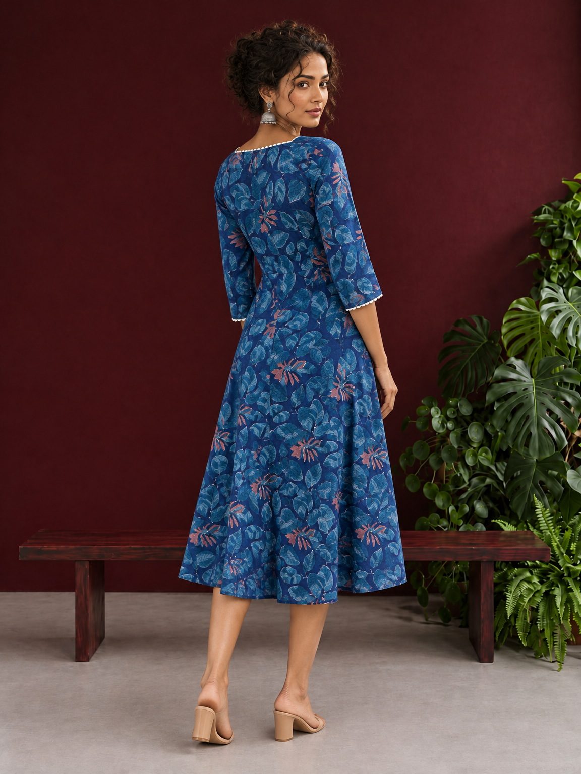 Classic Blue Cotton One Piece Dress with Printed Leaf Motifs & Lace Trim Square Neck — back view