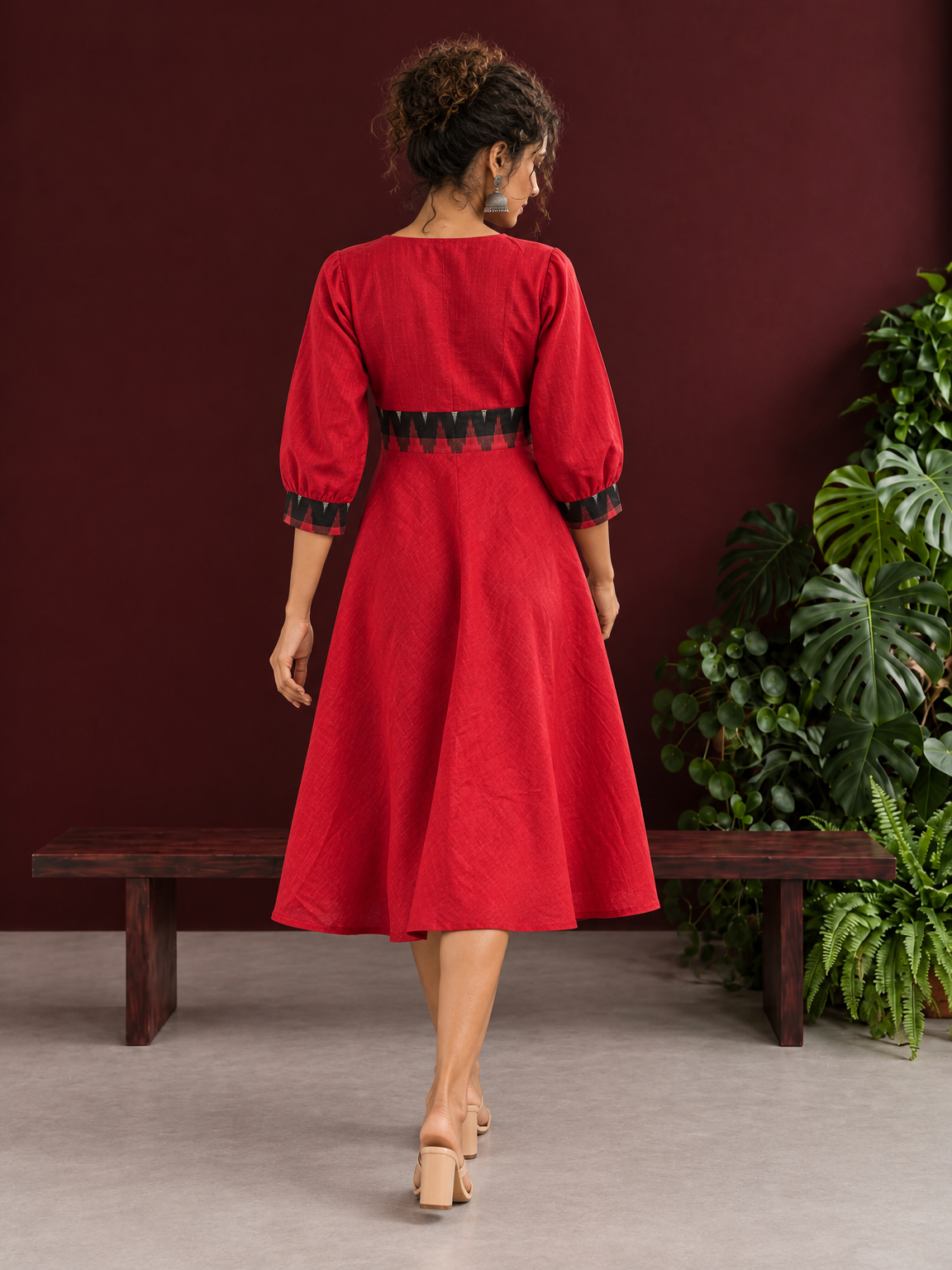Vibrant Red Cotton Fit & Flare Dress with Contrast Black Ikat Waistband & Matching Cuffs — back view