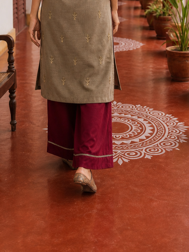 Elegant Beige Cotton Kurta with Maroon Embroidered Yoke, Gold Buttons & Coordinated Palazzo