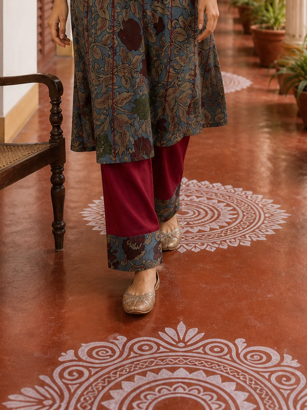 Elegant Blue Cotton kalamkari Kurta with hand work Sequin Mirror Embellished Neckline & Contrast Maroon Piping
