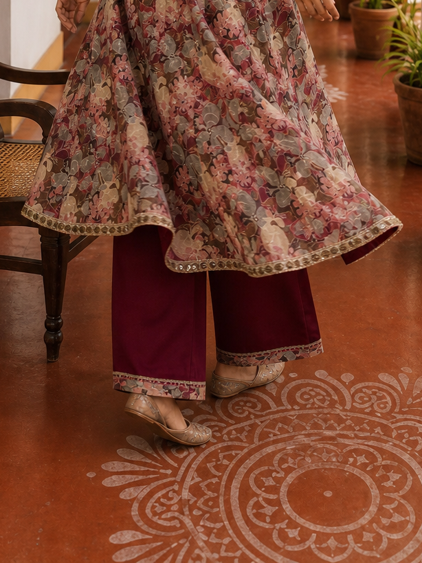 Elegant Maroon rayon & Floral Print Wrap Dress with Sequin Fringe Neckline & Embellished Sleeve Cuffs