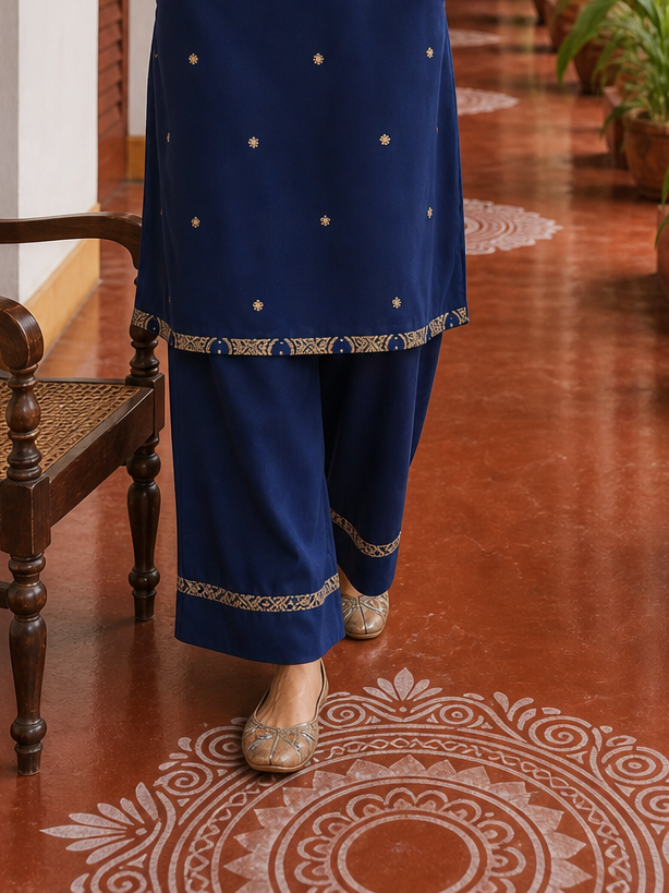 Elegant Navy Blue Kurta with Gold Embroidered Halter Neckline & Banarasi Border