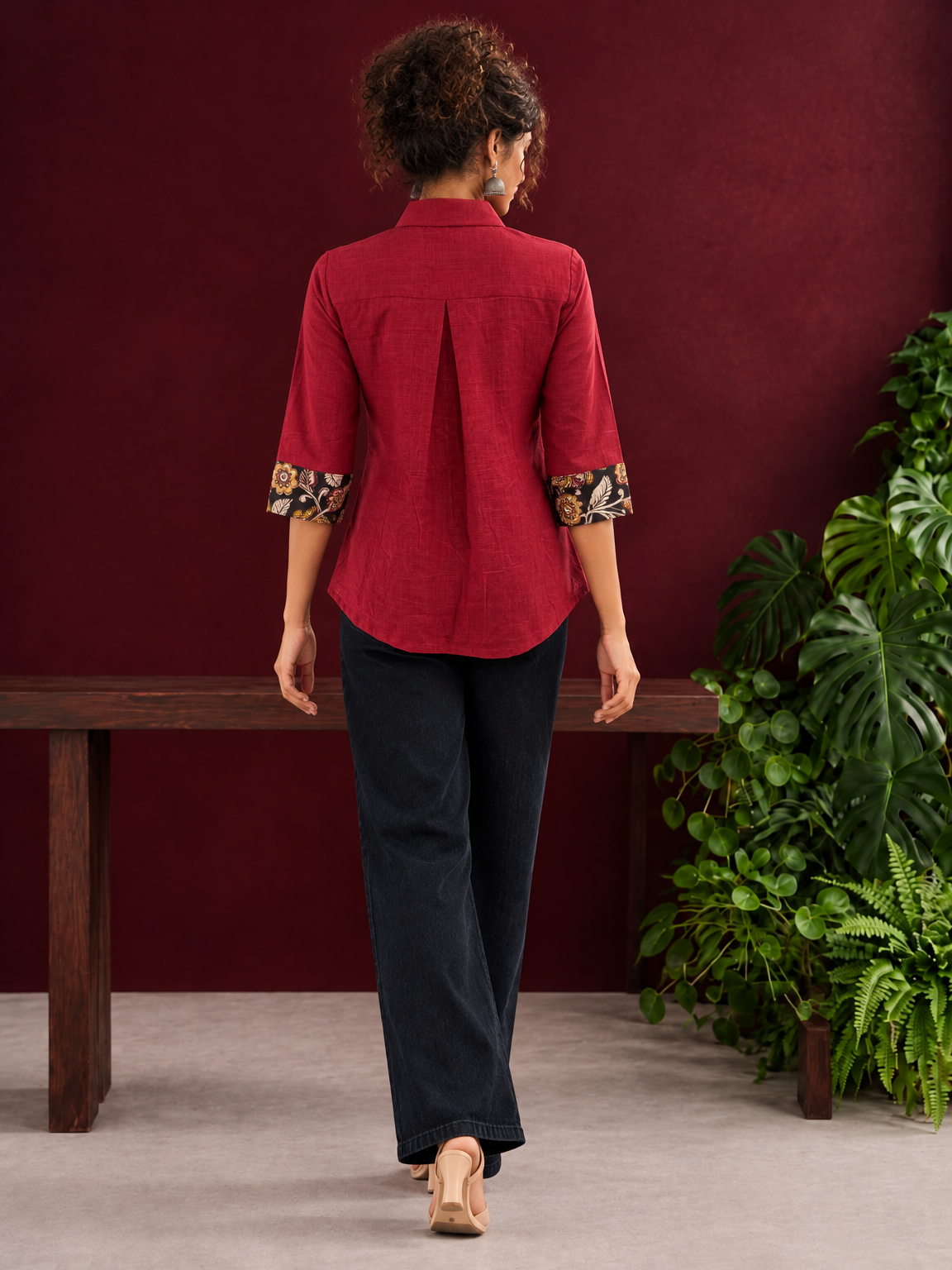 Maroon Cotton Shirt with Contrast Kalamkari Printed Yoke Panel & Sleeve Cuffs with Gold Button Detailing — back view