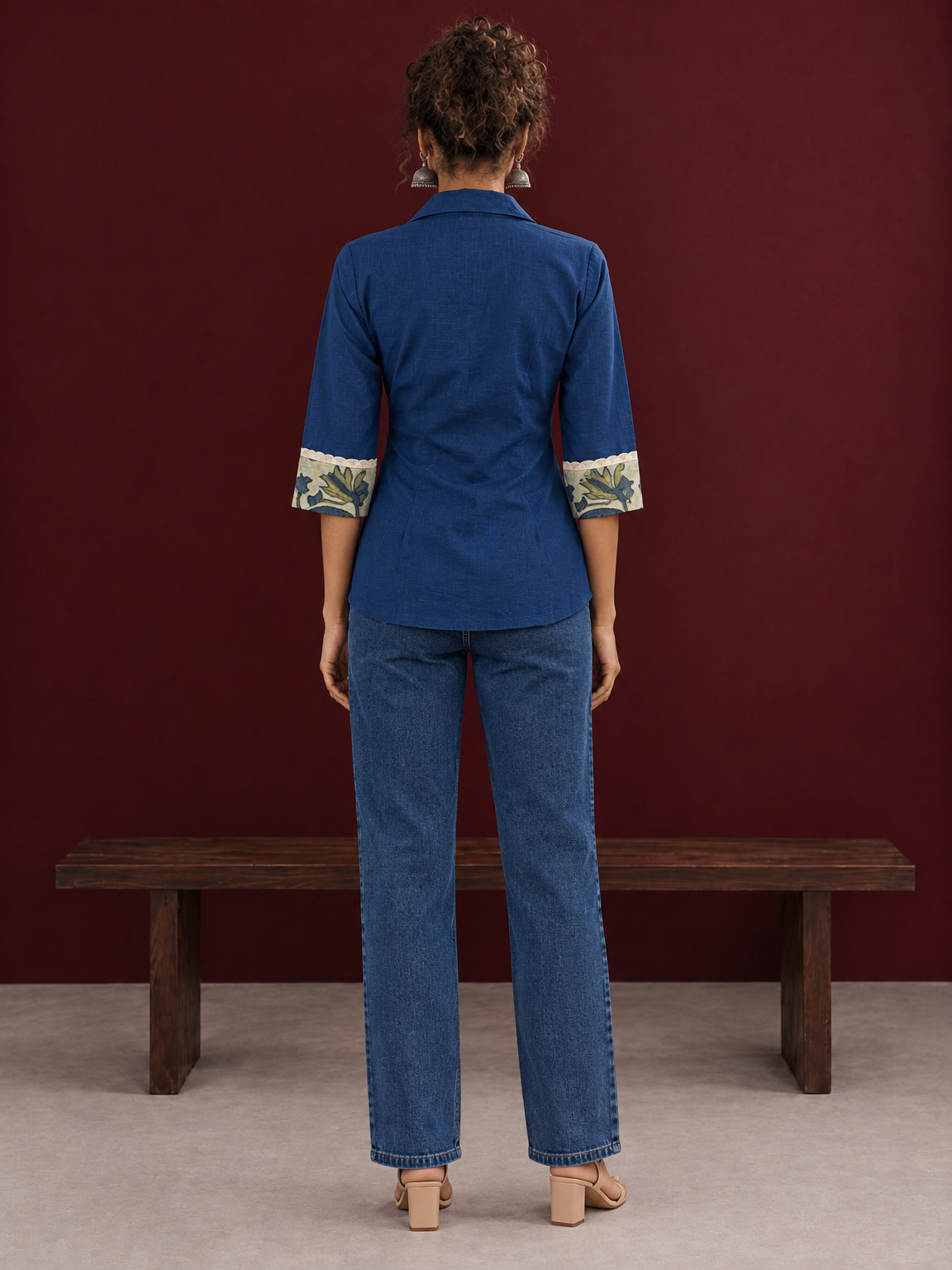 Elegant Navy Blue Cotton Shirt with Floral Print Indigo Cuffs — back view