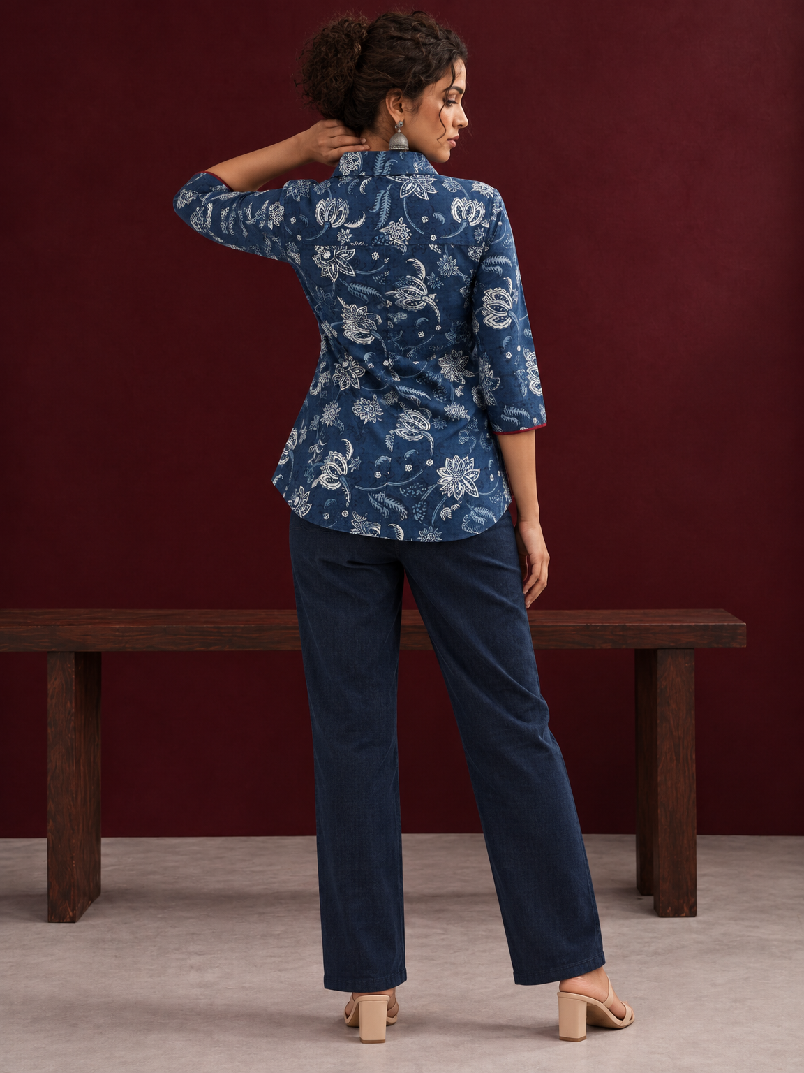 Indigo Blue Cotton Shirt with Floral Print and Contrast Maroon Button Placket — back view