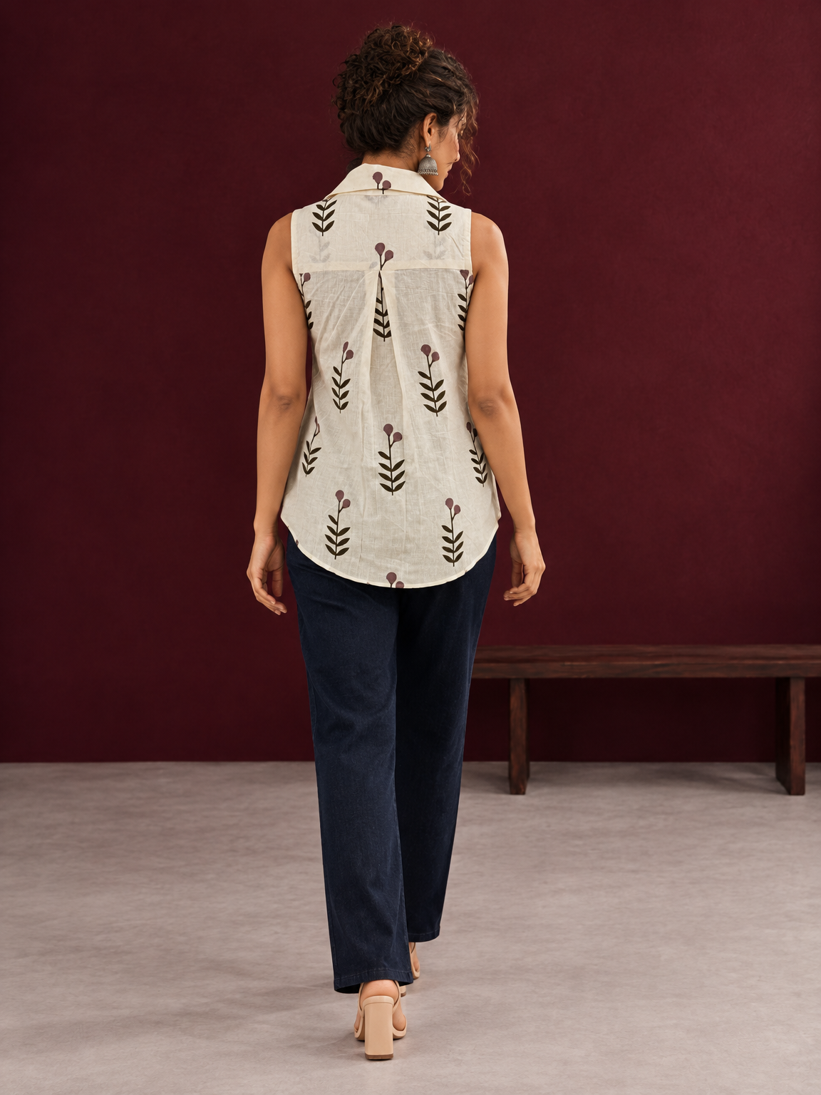 Cream Cotton Sleeveless Shirt with Collared Neckline and Botanical Leaf Print — back view