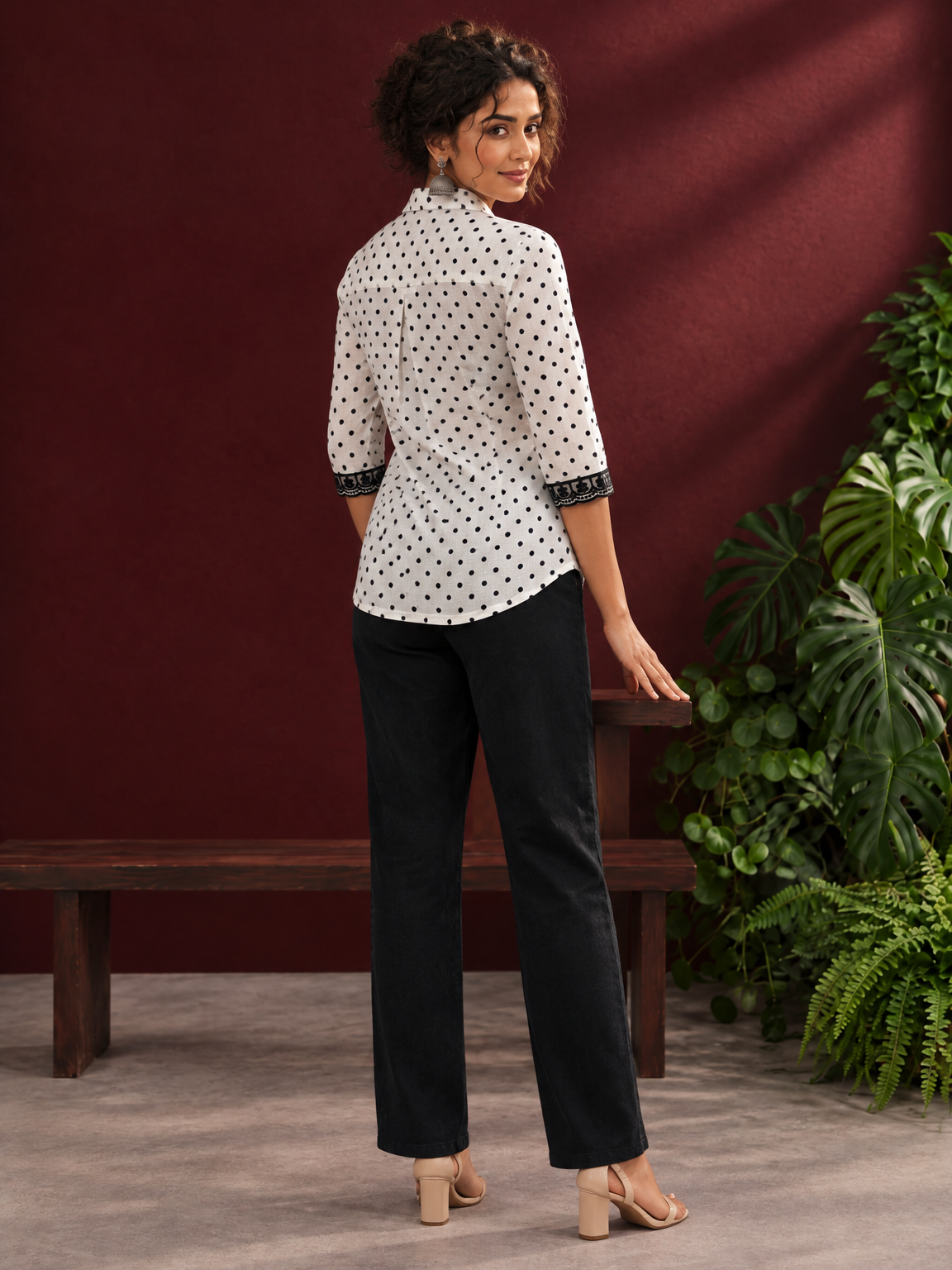 Classic White Cotton Shirt with Black Polka Dot Print and Contrast Lace Cuff Detail — back view