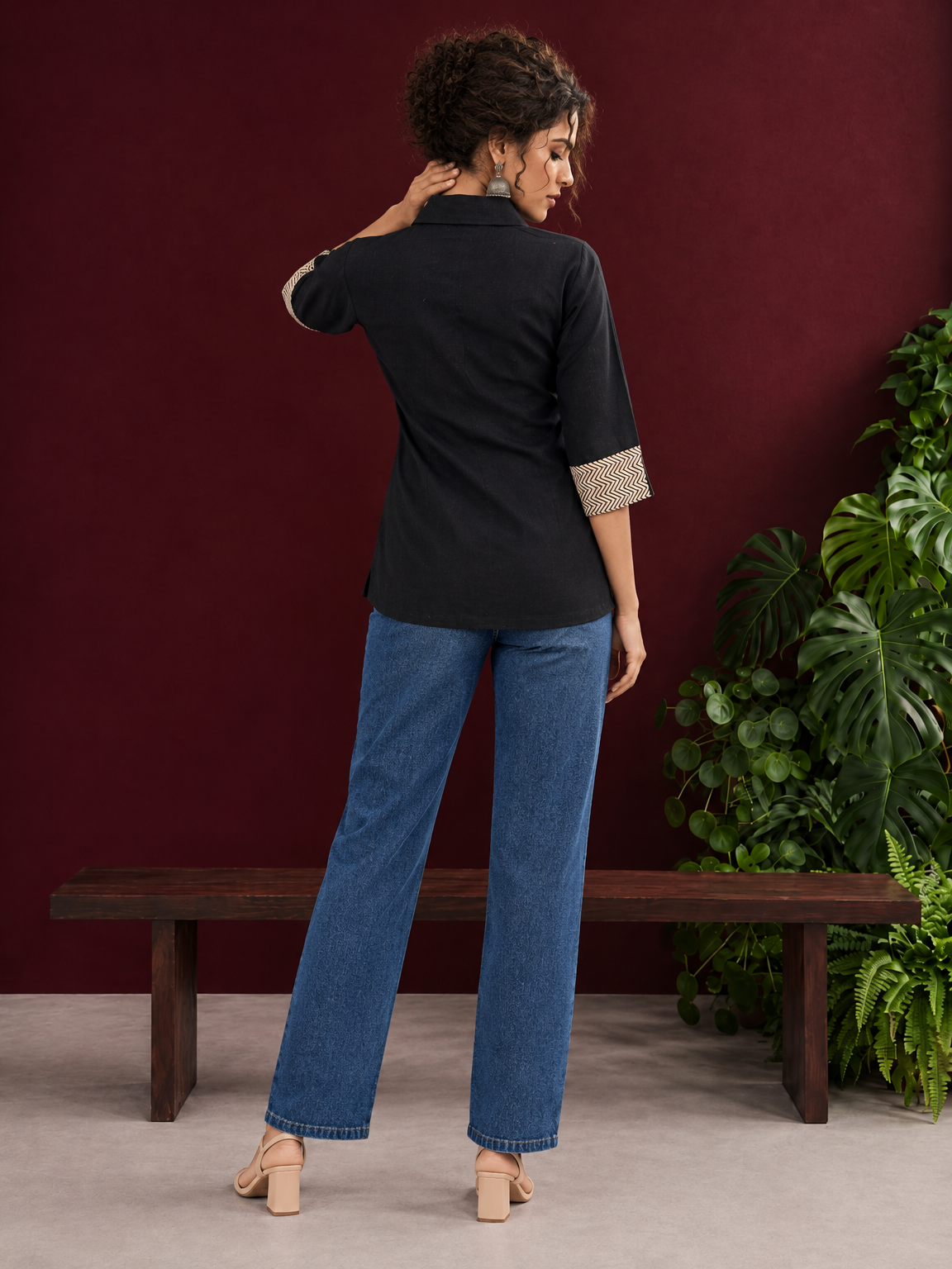 Classic Black Cotton Shirt with Contrast Ajrakh Chevron Print Cuffs & Patch Pocket Detail — back view