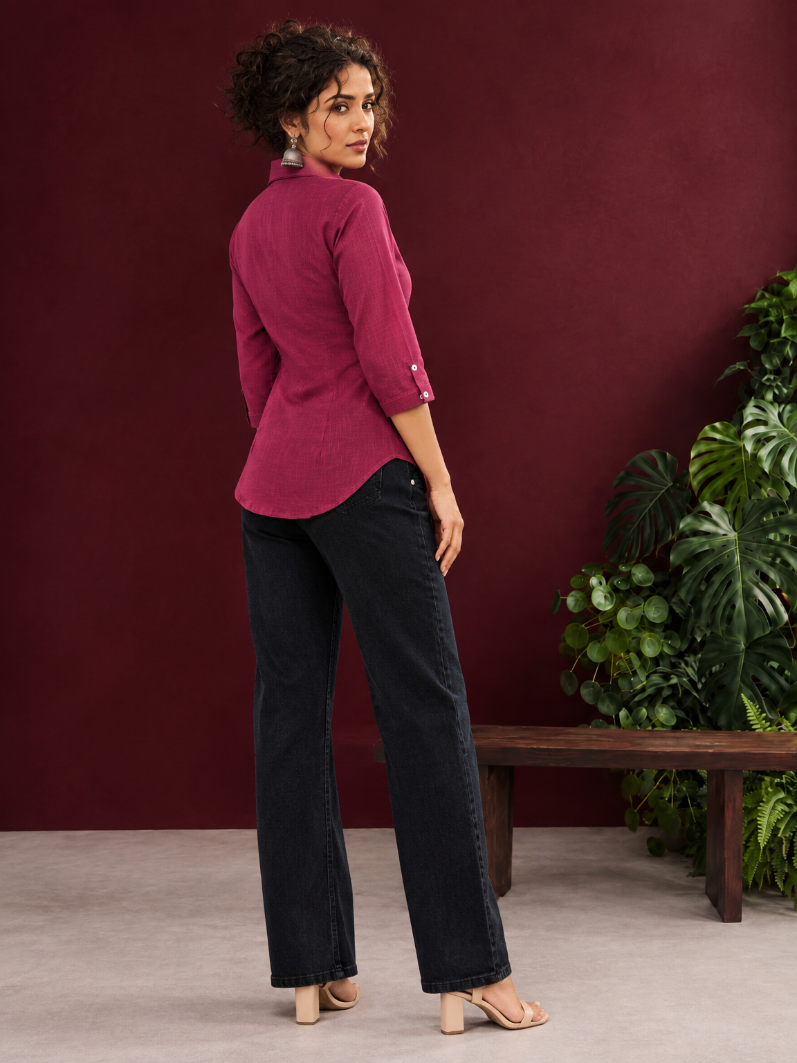 Classic Magenta Solid Cotton Shirt with Collar and Three-Quarter Sleeves — back view