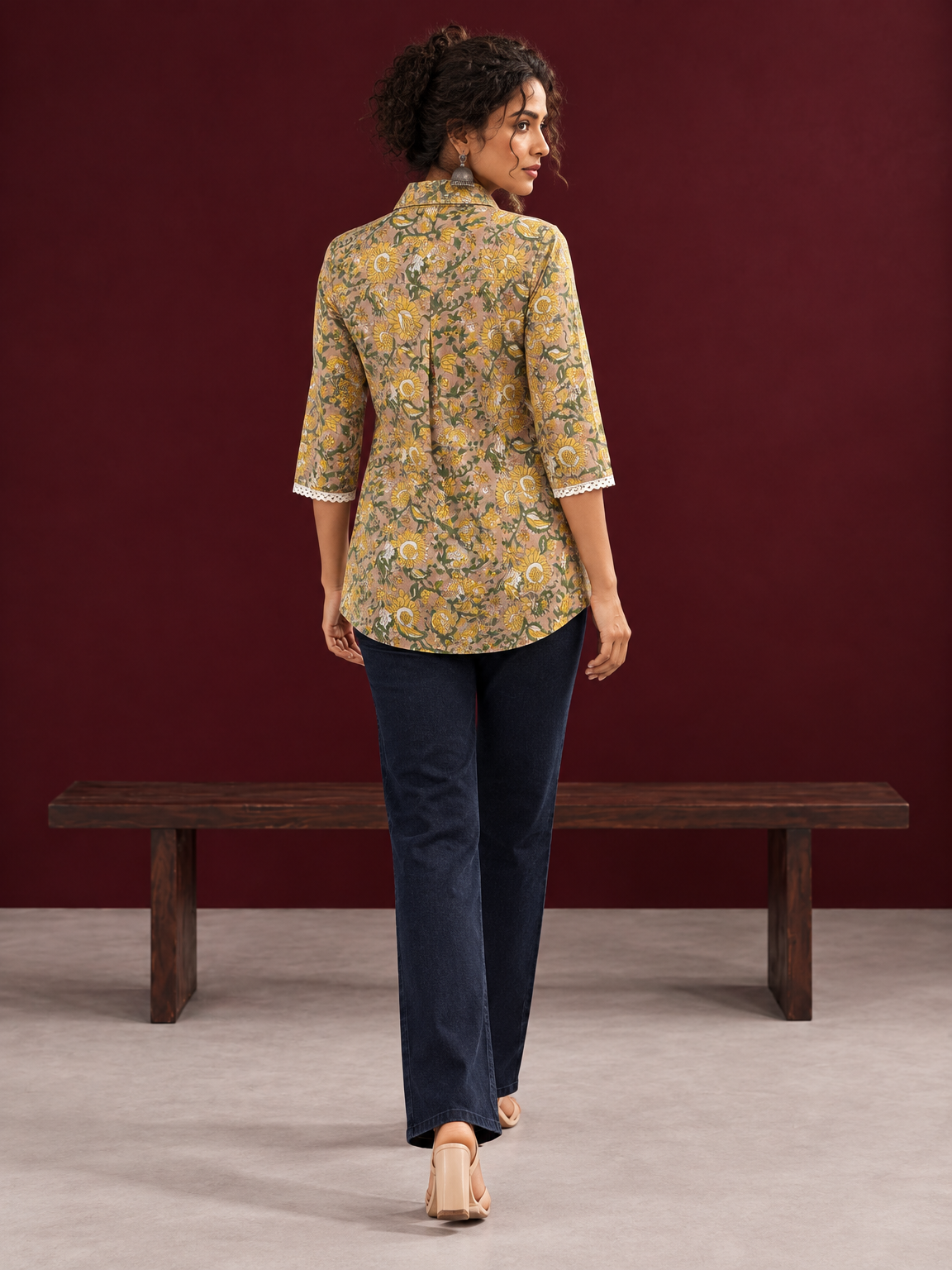 Light Yellow Cotton Shirt with Floral Print & White Crochet Lace Sleeve Trim — back view