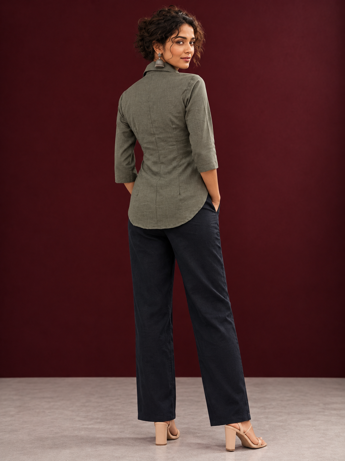Classic Grey Cotton Shirt with Collared Neckline and Floral Wooden Button Detailing — back view