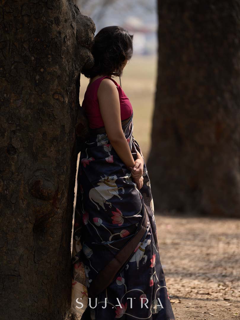 Midnight Black Tussar Silk Saree with Traditional Pichwai Print