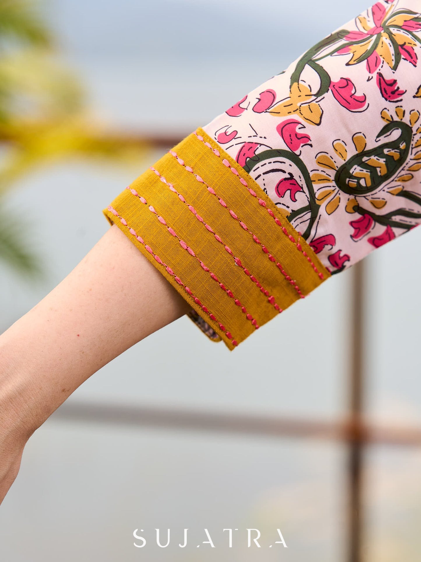 Charming Floral Print Angarkha Kurta featuring Contrast Mustard Embroidered Yoke