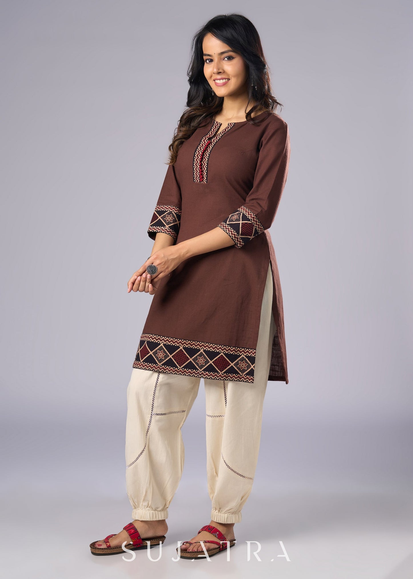 Trendy Brown Cotton Ajrakh Combination Tunic Pant Additional