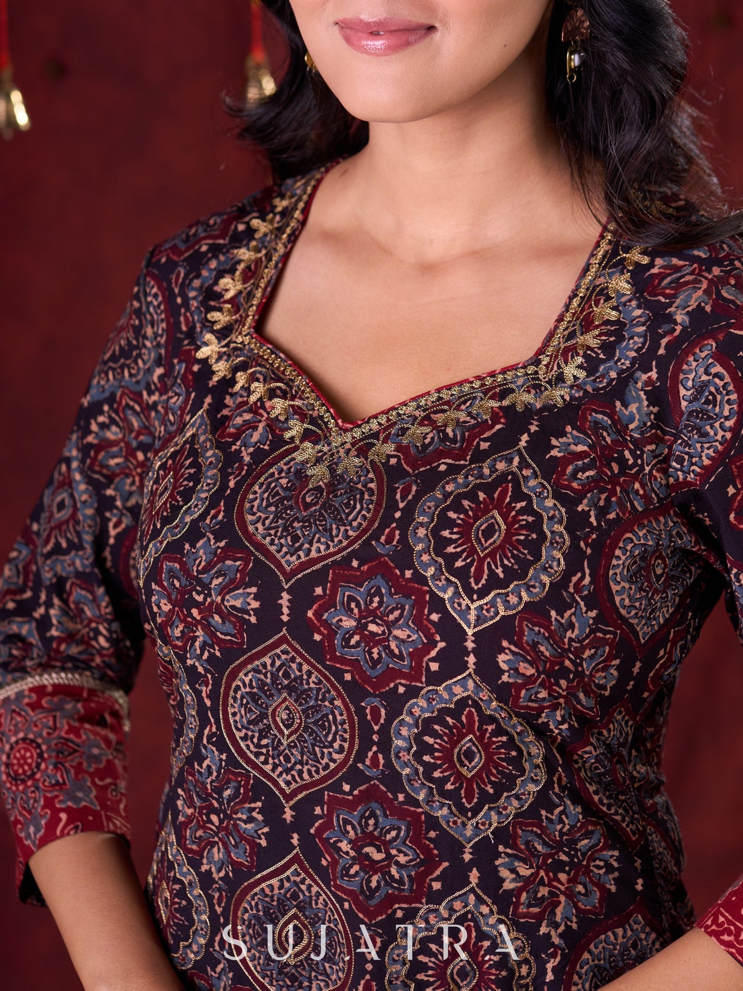 Black & Maroon Ajrakh Hand Block-Printed Kurta with Elegant Embroidery & lace highlights