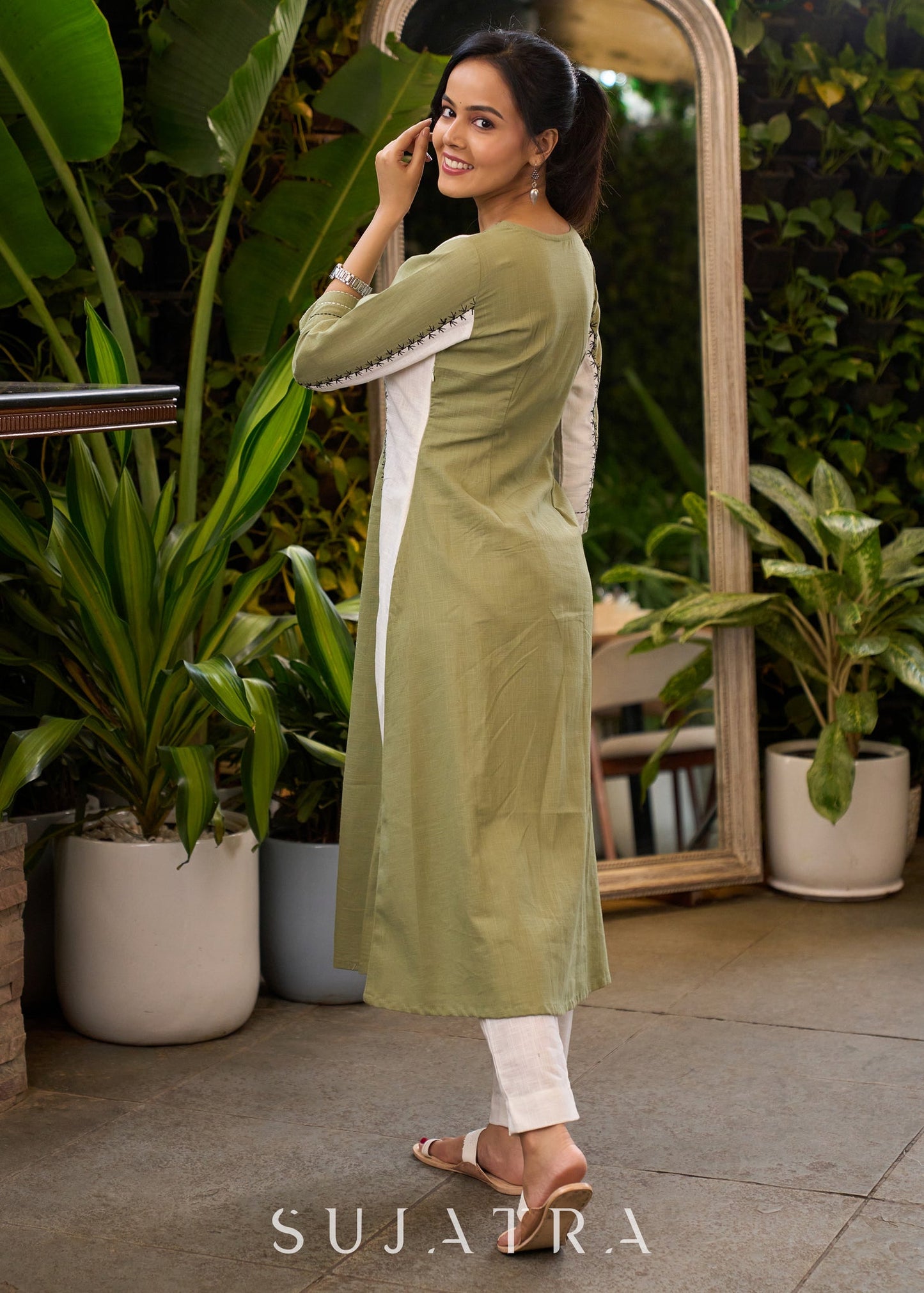 Unique Princess Cut Kurta in Combination of Pista Green & White with Black Embroidery All Over - Pant Optional