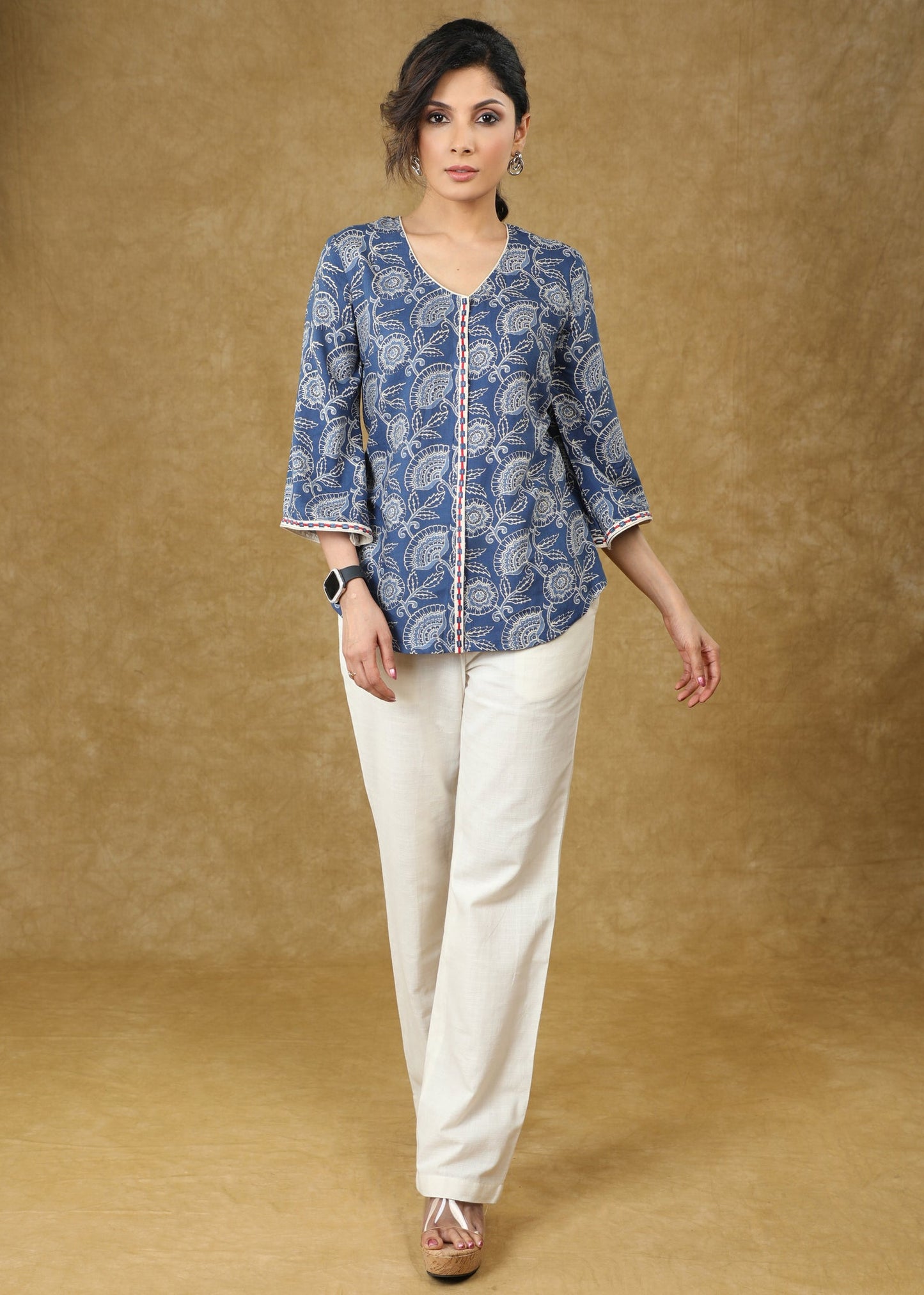 Embroidered Blue Viscose Printed Top