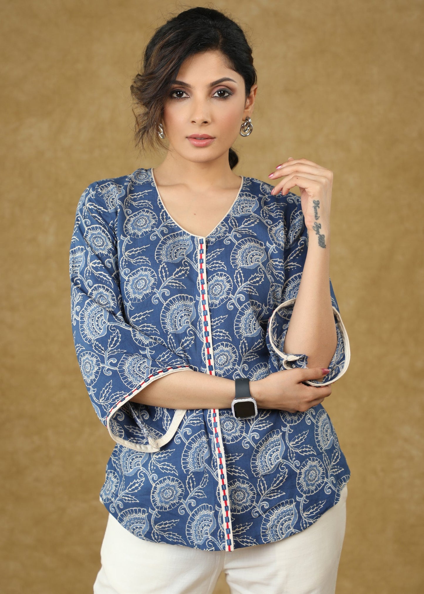 Embroidered Blue Viscose Printed Top