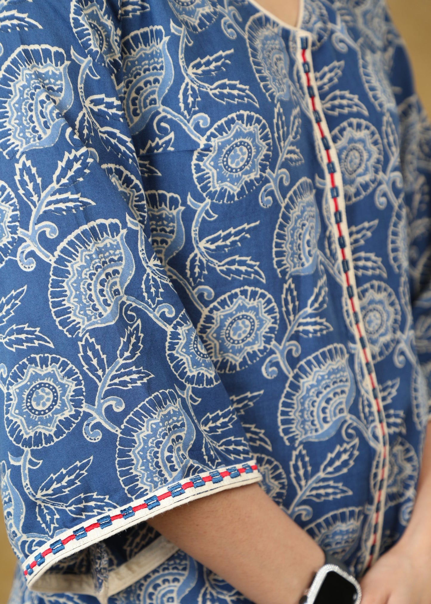 Embroidered Blue Viscose Printed Top