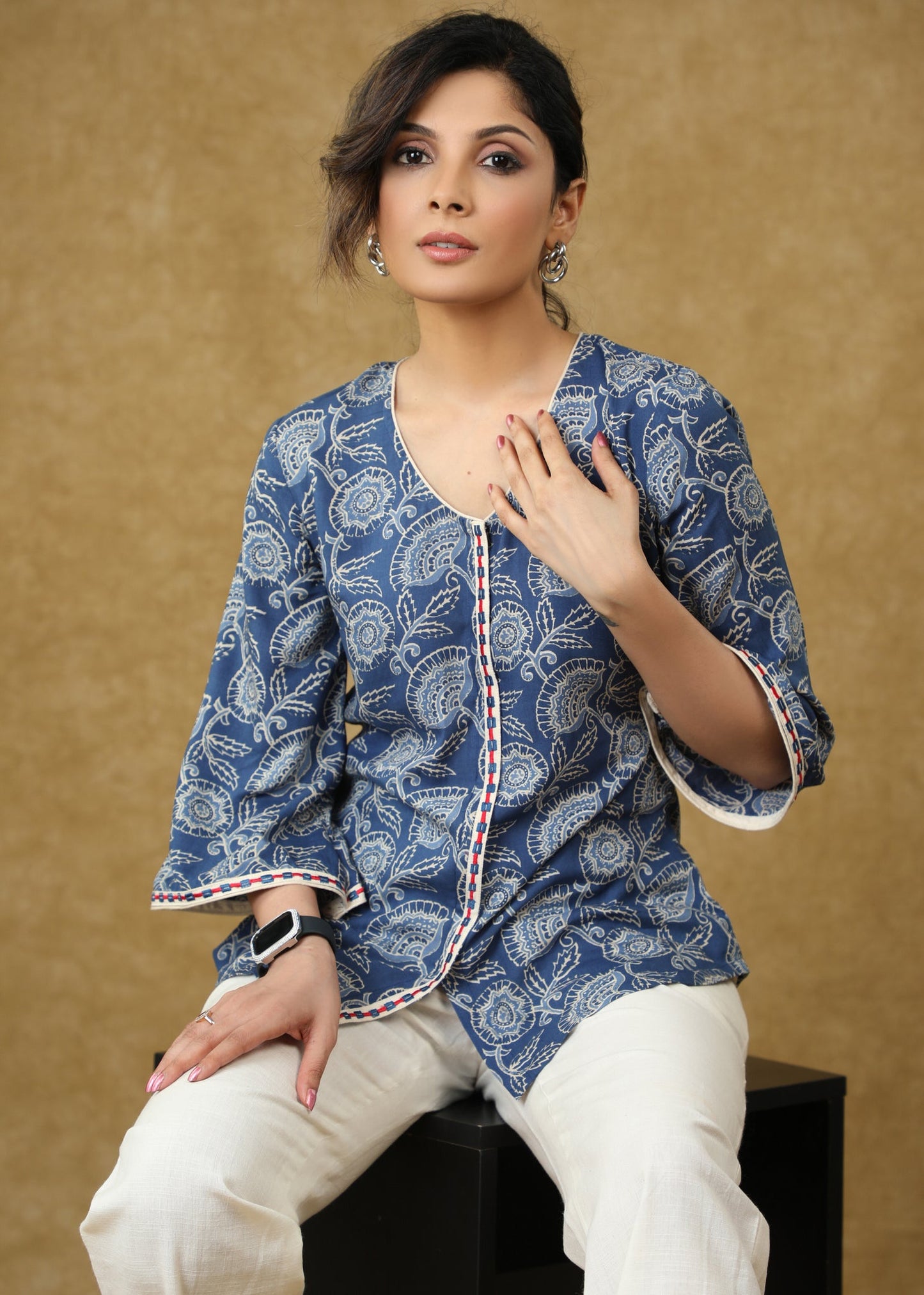 Embroidered Blue Viscose Printed Top