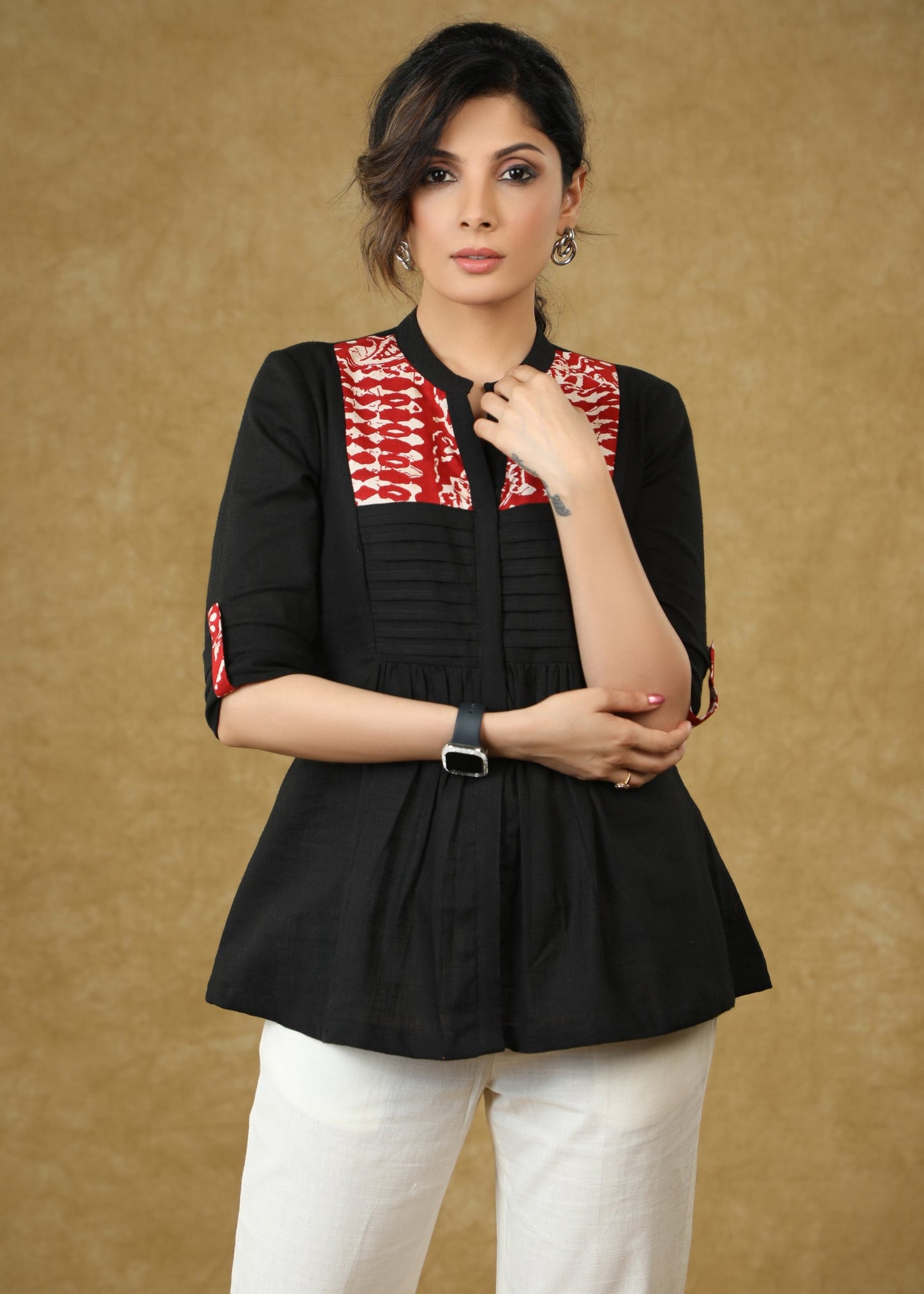 Smart Black Cotton Pleated Top with Red Detailing