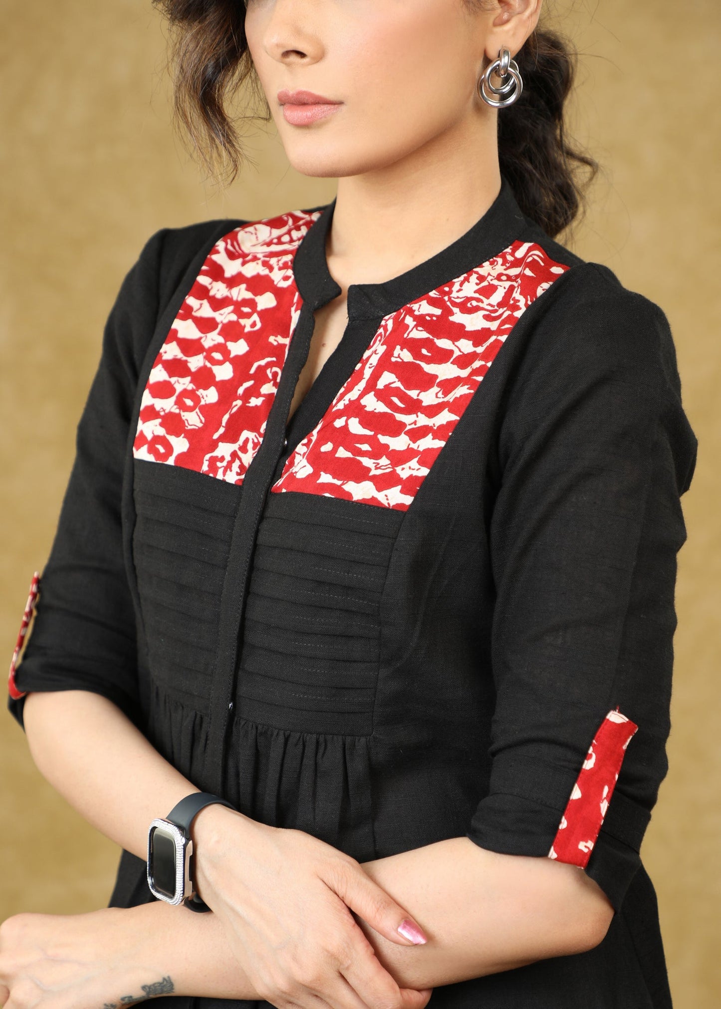 Smart Black Cotton Pleated Top with Red Detailing