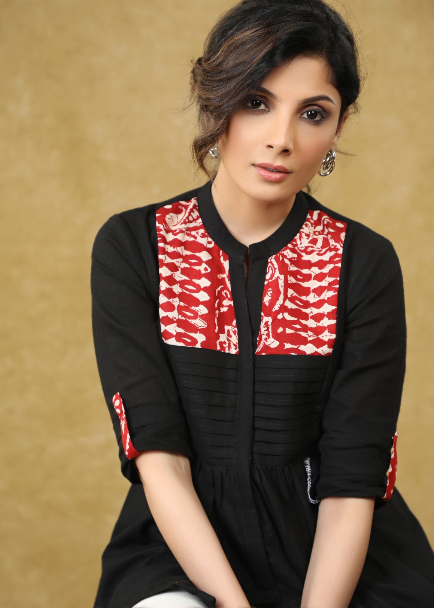Smart Black Cotton Pleated Top with Red Detailing