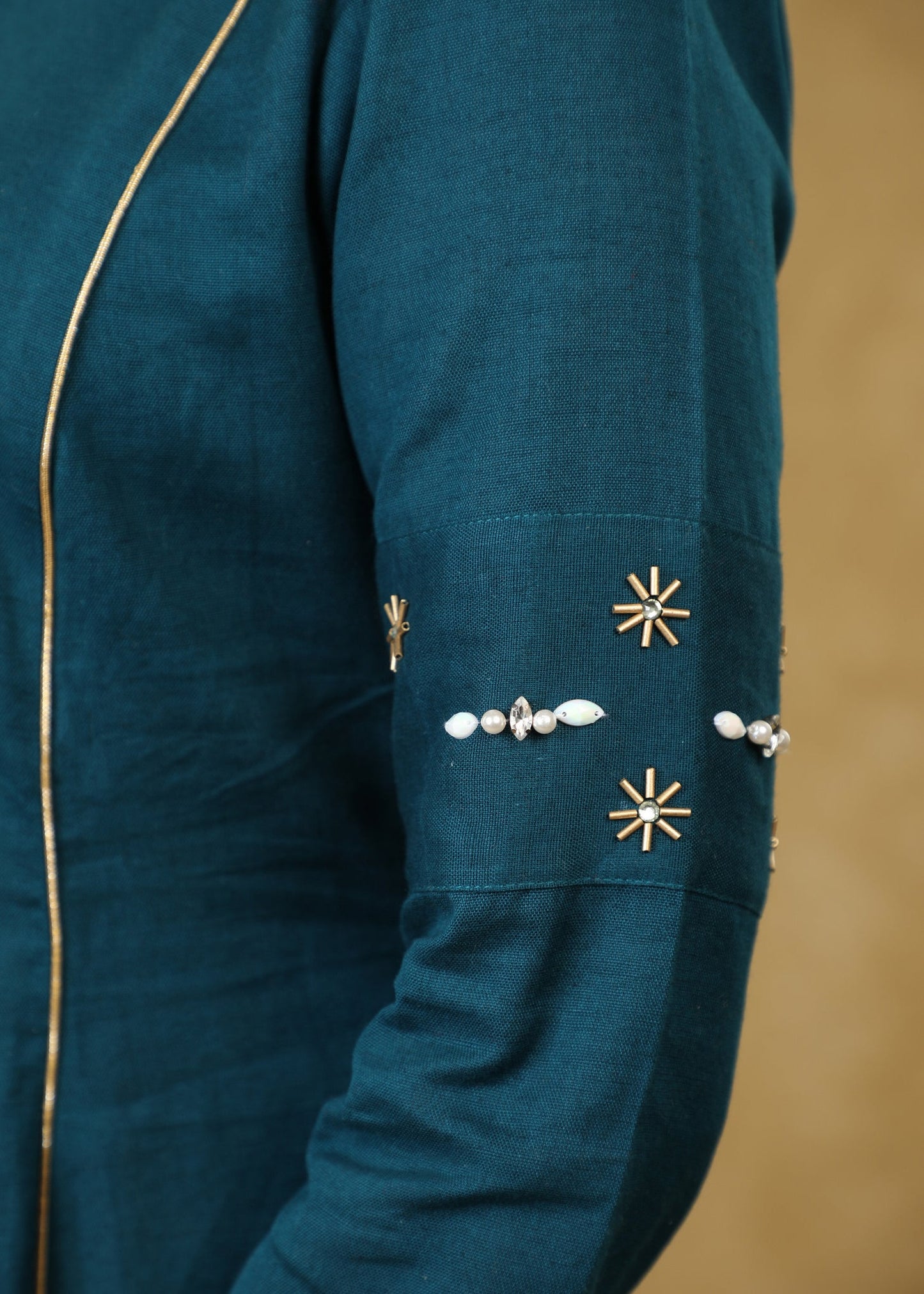 Stylish Hand Embroidered Teal Blue Cotton Top with Gold Detailing