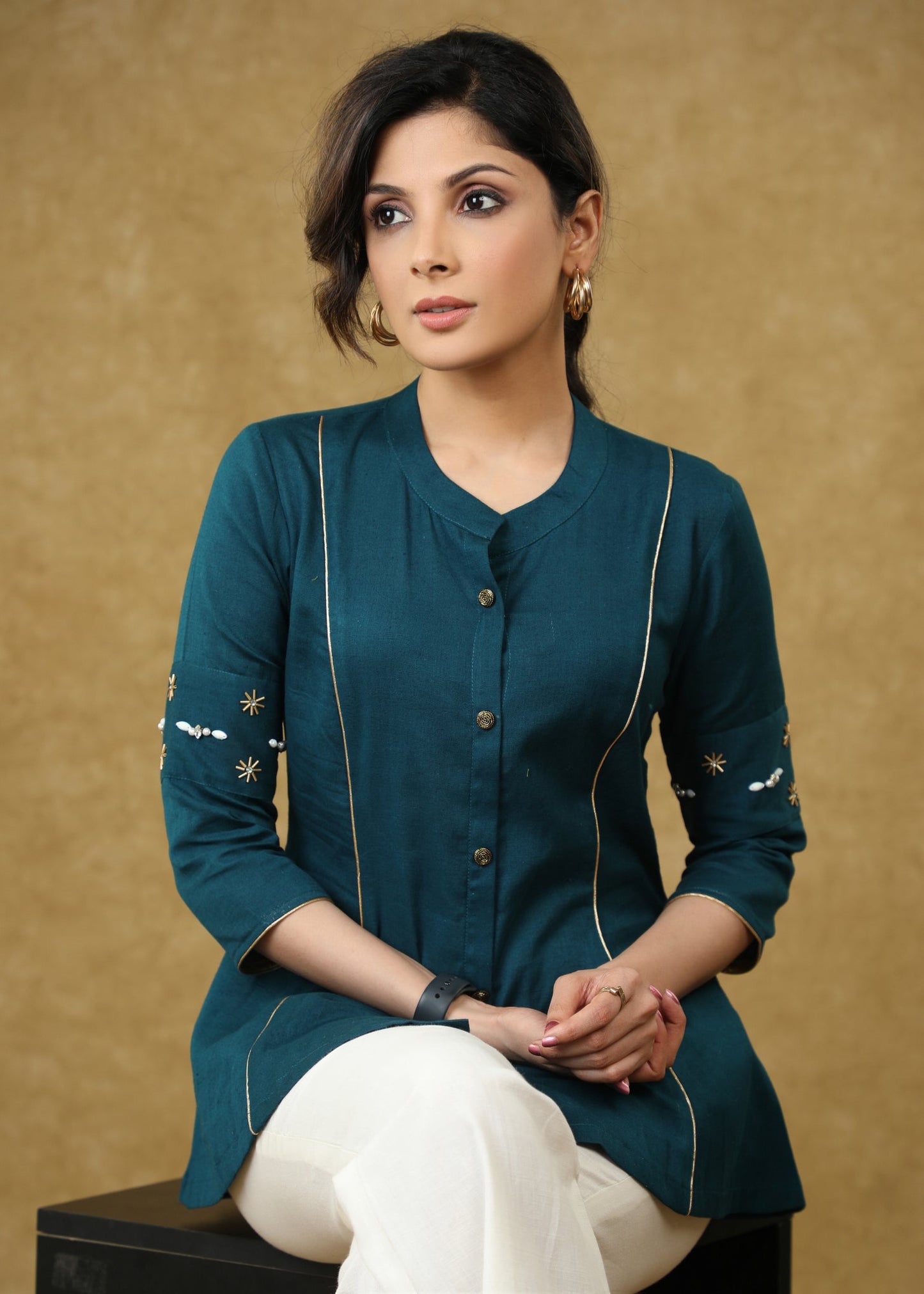 Stylish Hand Embroidered Teal Blue Cotton Top with Gold Detailing