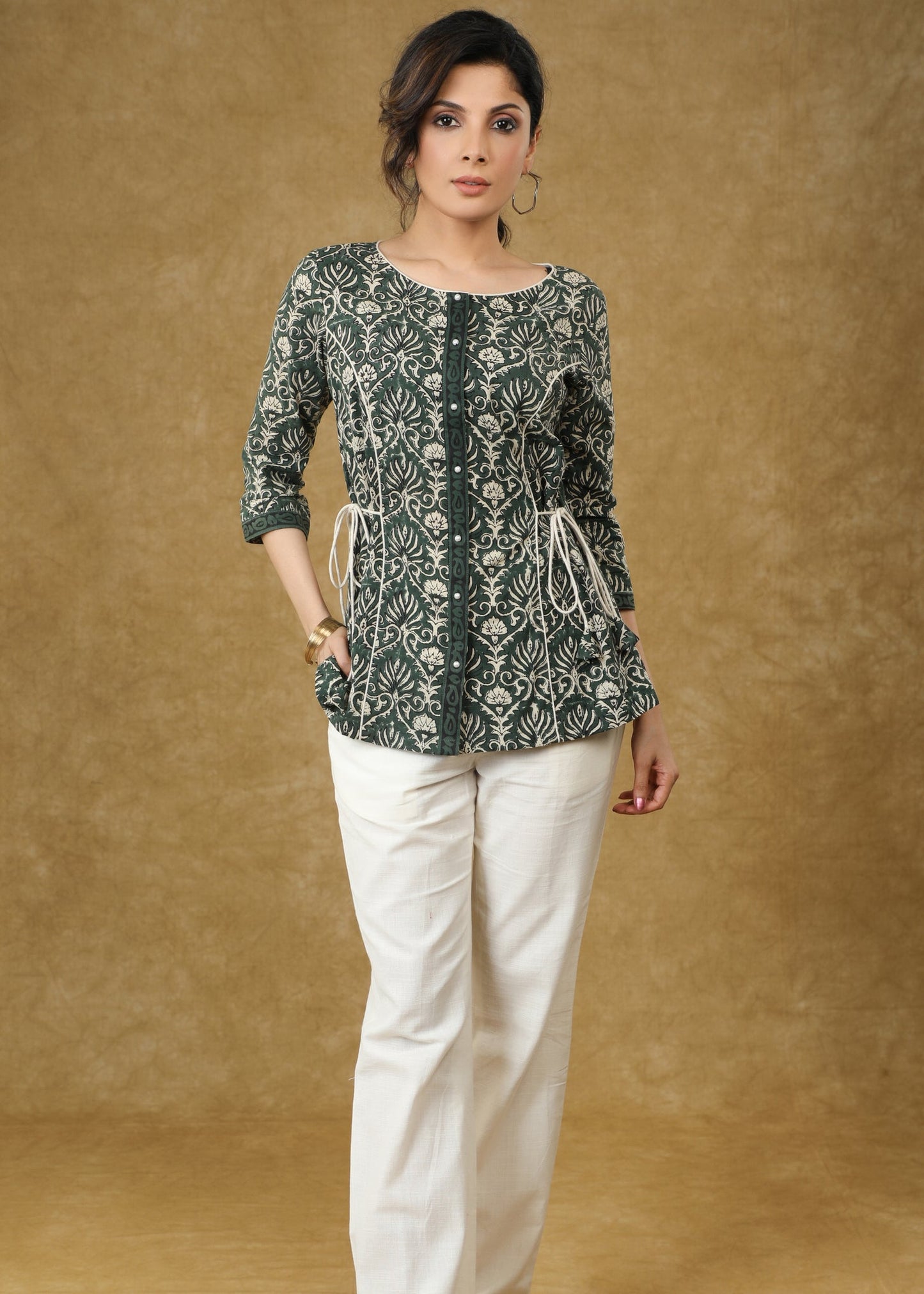 Mehandi Green Block Printed Top with Drawstrings on the Sides