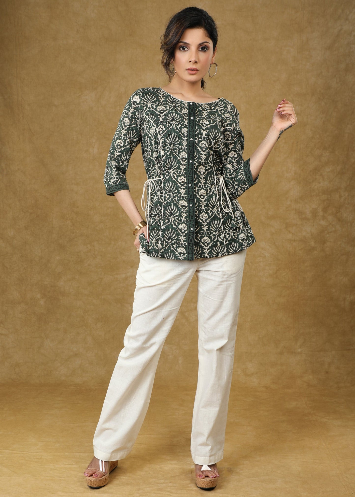 Mehandi Green Block Printed Top with Drawstrings on the Sides