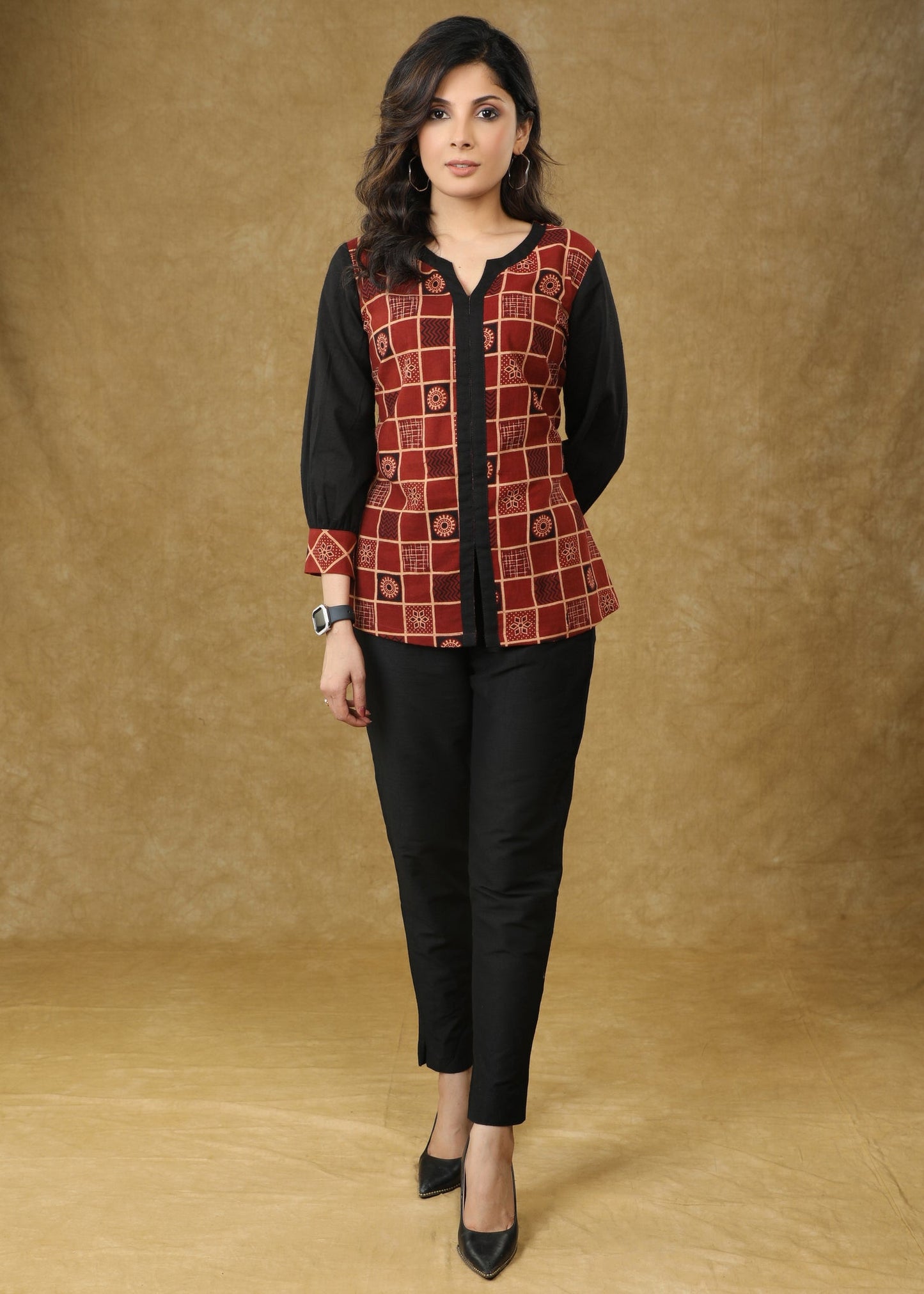 Designer Maroon Ajrakh Top with Black Sleeves