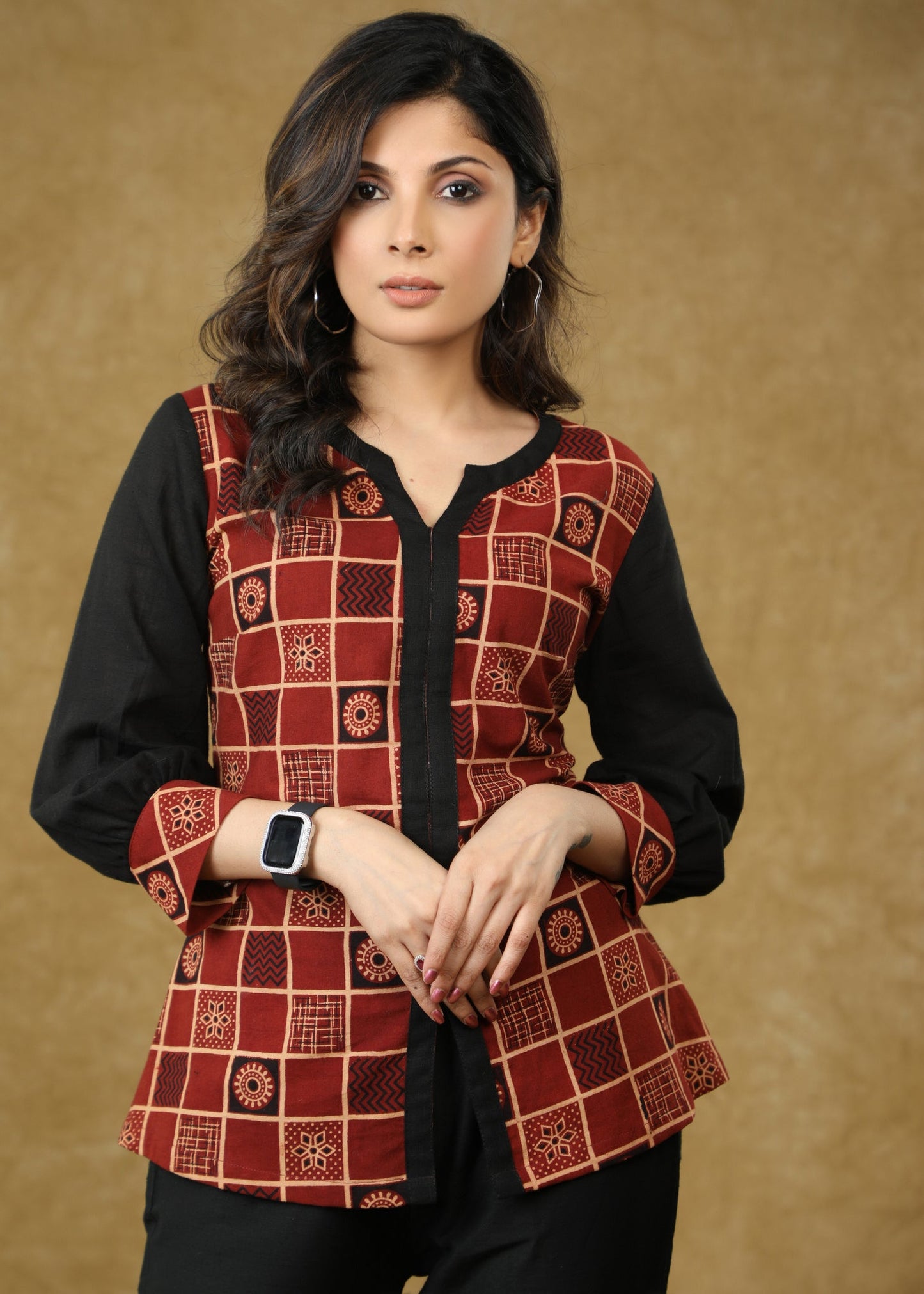 Designer Maroon Ajrakh Top with Black Sleeves