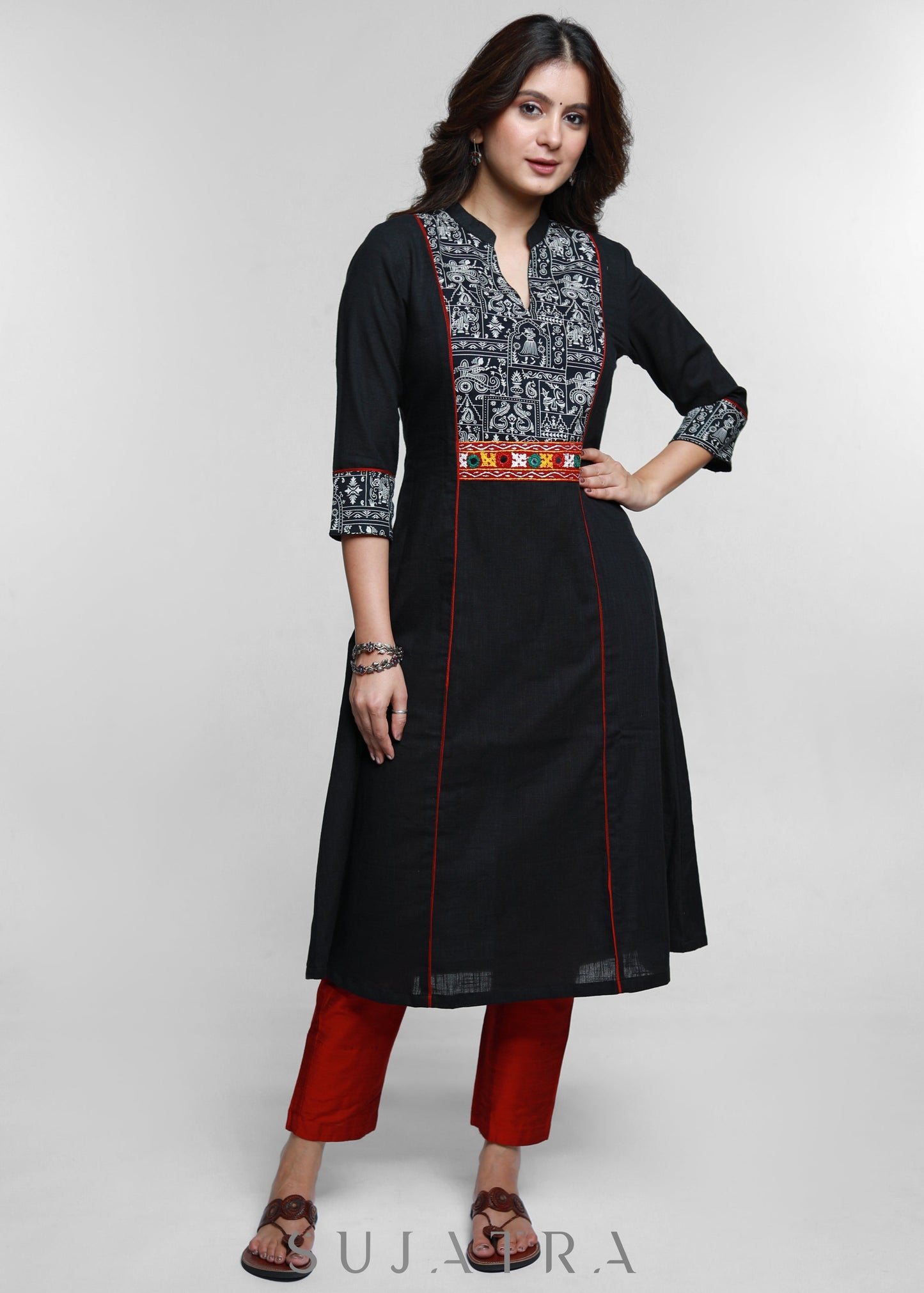 Black Cotton Warli Printed Mirror Work Kurta-Pant Optional